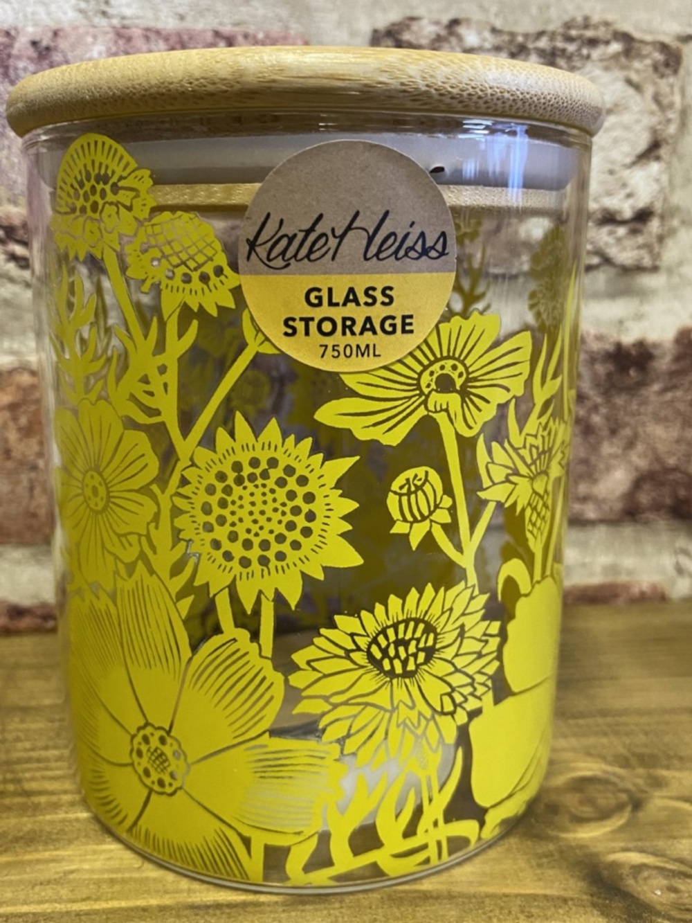 NWT KATE HEISS Glassware, Storage Jar, Bamboo Lid, Pretty Yellow Flower Design